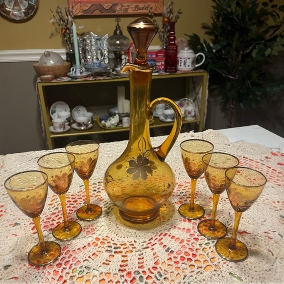 Other - Vintage Romanian Amber Glass Hand Painted Decanter Set